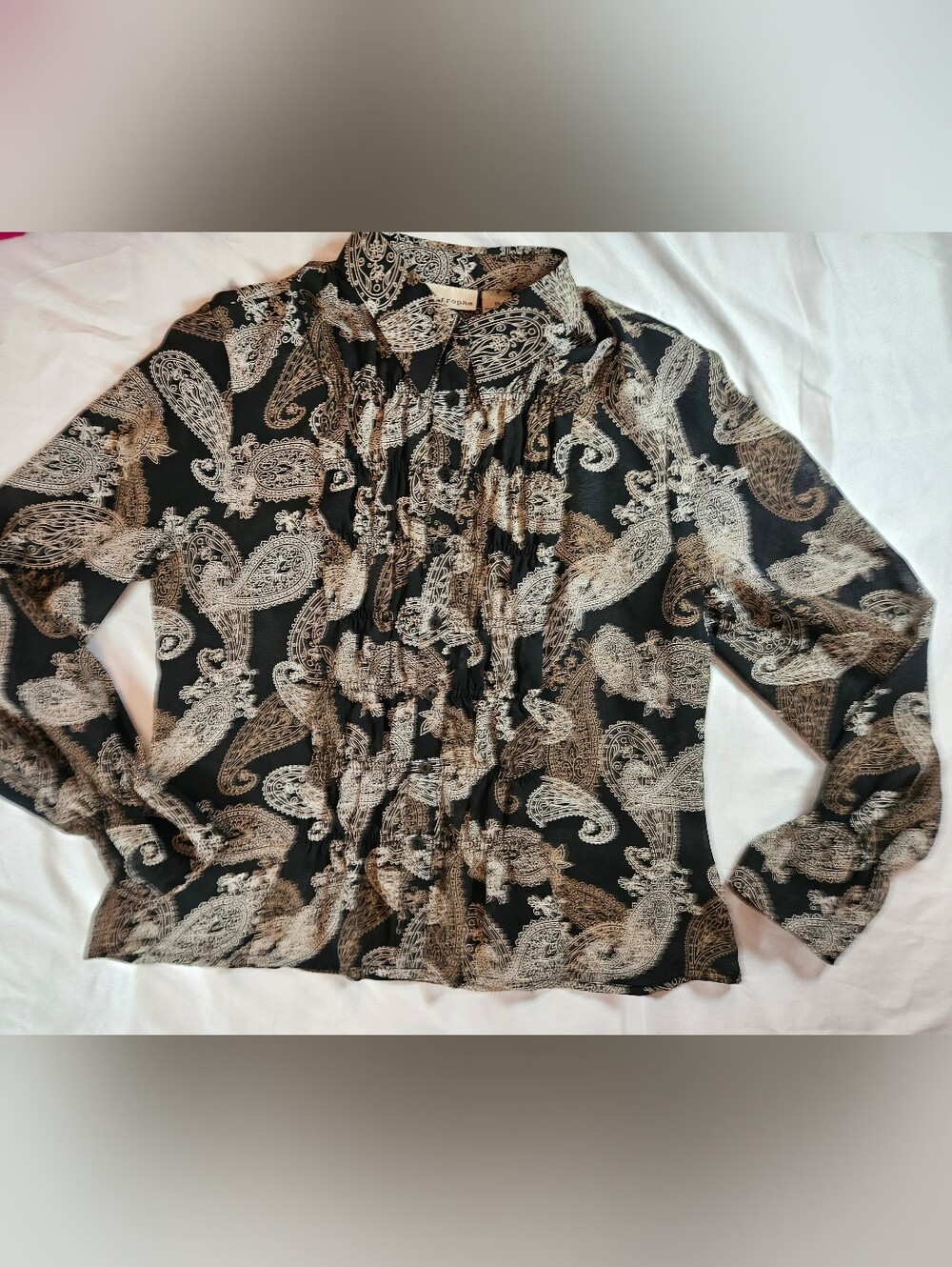Apostrophe Womens Black & Cream Paisley Sheer Long Sleeve Button Up Shirt Sz 14